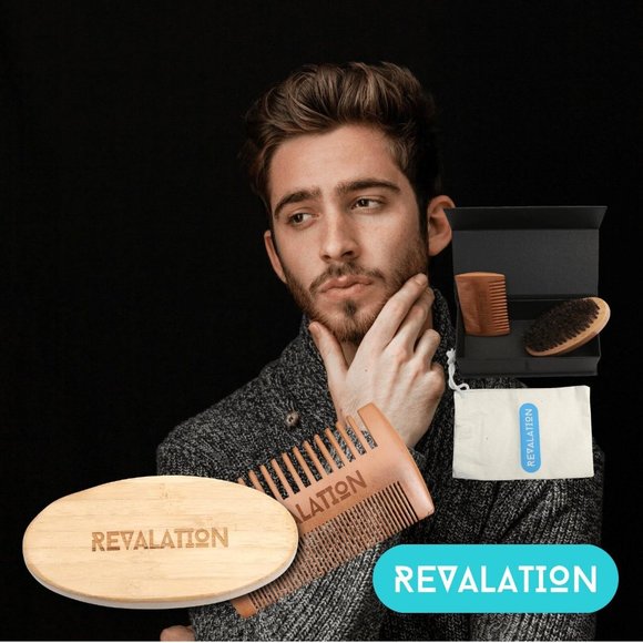 REVALATION Beard Grooming Growth Kit MENS GIFT SET Brush & Comb Wood Box - Picture 7 of 8